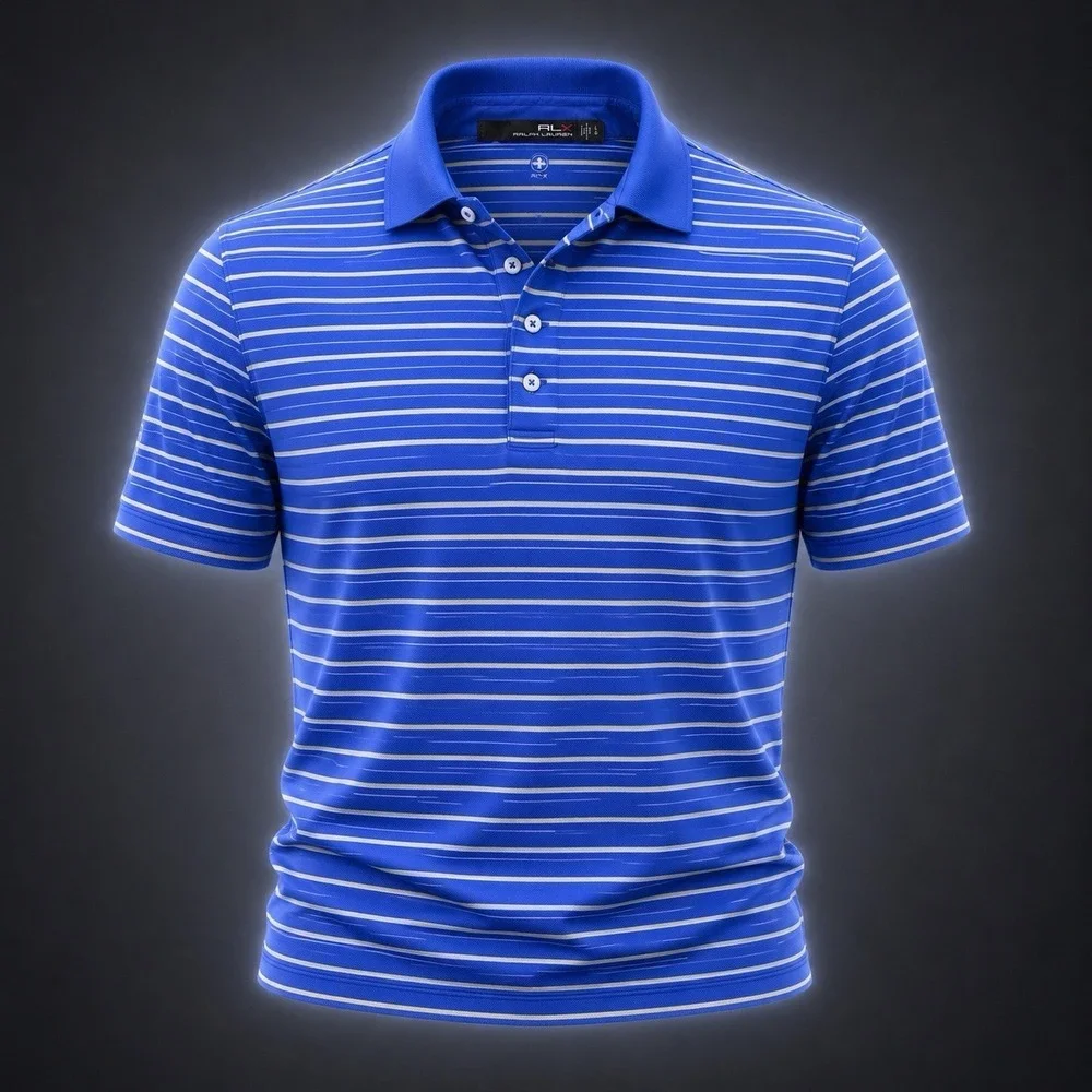 RLX Ralph Lauren Polo Golf Shirt MENS LARGE PERFORMANCE BLUE YELLOW  Stripe